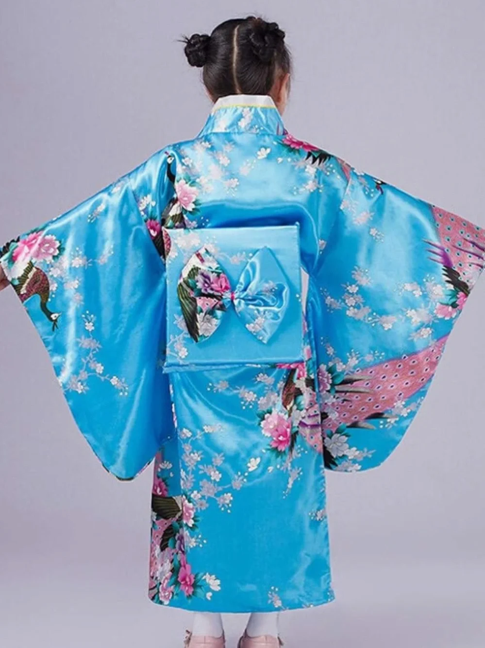 Girls Japanese Kimono Costume Blue Floral Peacock Robe Obi Halloween
